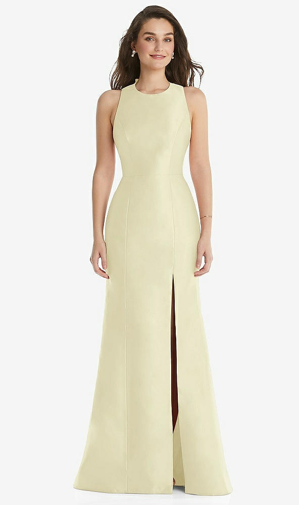 Front View - Butter Yellow Jewel Neck Bowed Open-Back Trumpet Dress with Front Slit