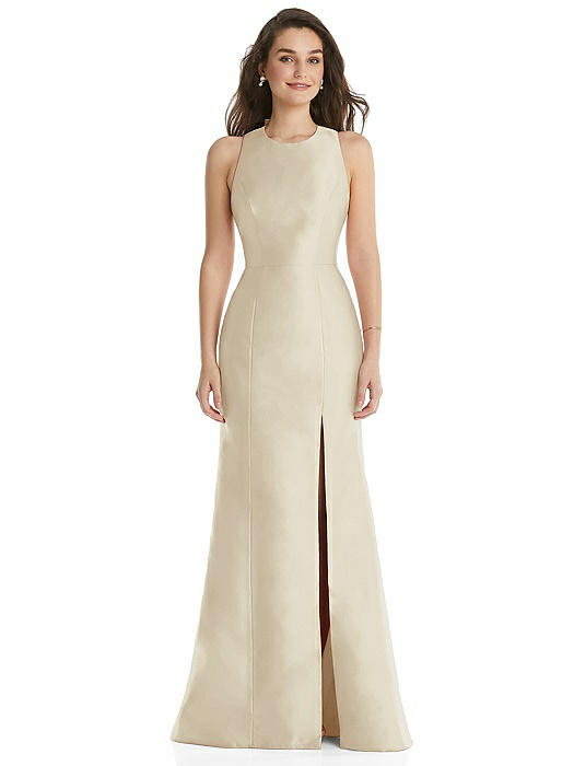 Jewel Neck Bowed Open-Back Trumpet Dress with Front Slit