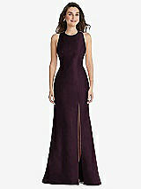 Front View Thumbnail - Deep Plum Jewel Neck Bowed Open-Back Trumpet Dress with Front Slit
