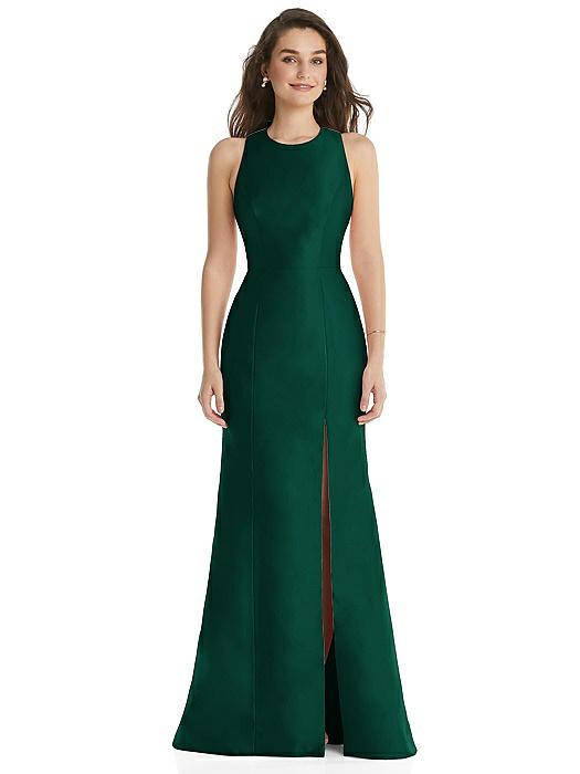 Jewel Neck Bowed Open-Back Trumpet Dress with Front Slit