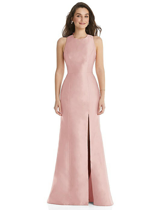Jewel Neck Bowed Open-Back Trumpet Dress with Front Slit