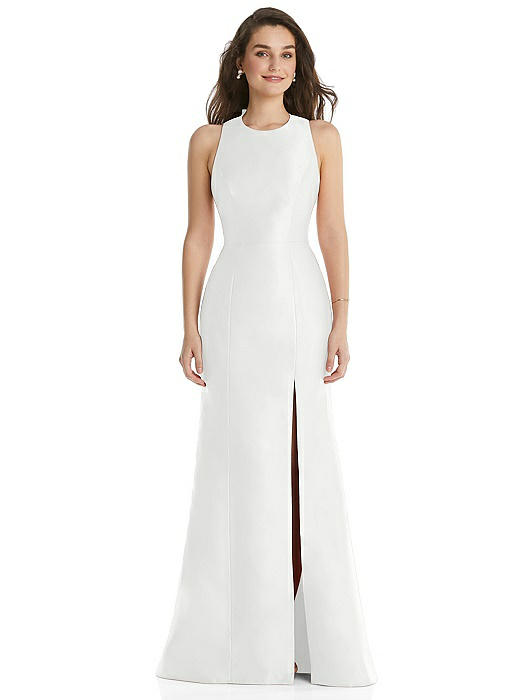 Jewel Neck Bowed Open-Back Trumpet Dress with Front Slit