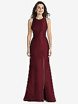 Front View Thumbnail - Cabernet Jewel Neck Bowed Open-Back Trumpet Dress with Front Slit