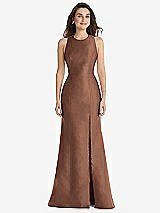 Front View Thumbnail - Cognac Jewel Neck Bowed Open-Back Trumpet Dress with Front Slit