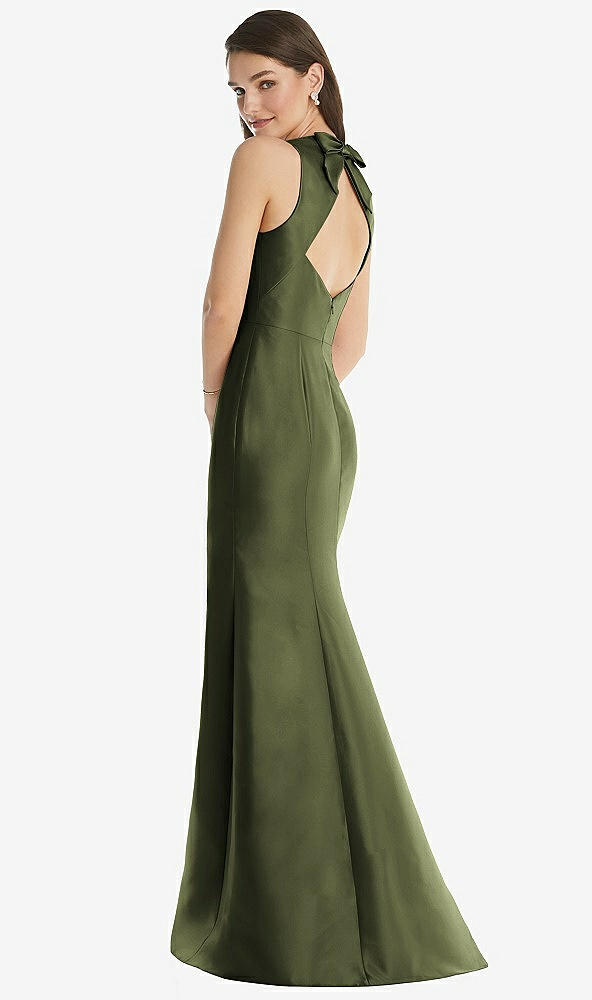 Back View - Olive Green Jewel Neck Bowed Open-Back Trumpet Dress with Front Slit