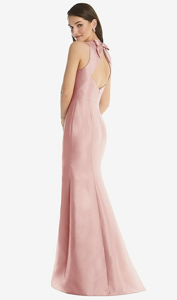 Back View - Rose Jewel Neck Bowed Open-Back Trumpet Dress with Front Slit