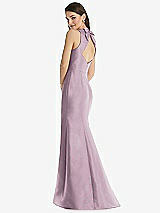 Rear View Thumbnail - Suede Rose Jewel Neck Bowed Open-Back Trumpet Dress 