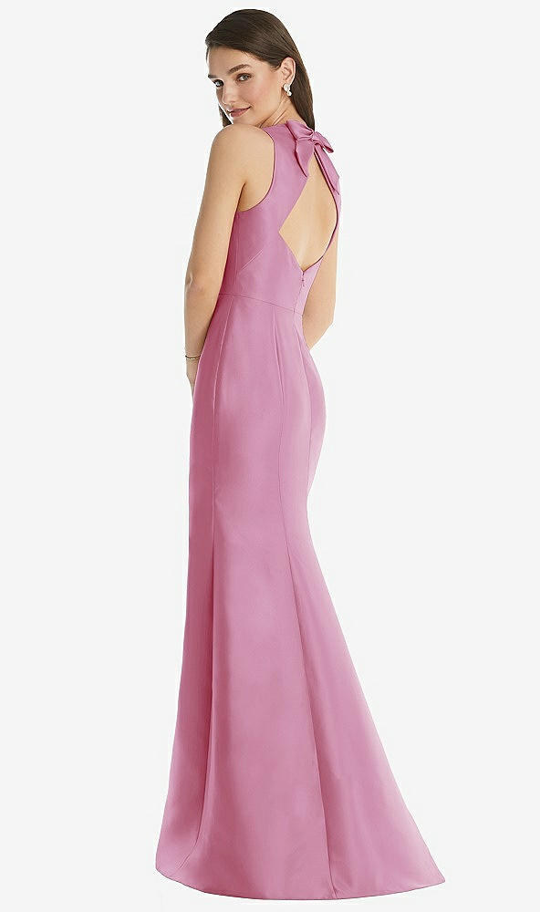 Back View - Powder Pink Jewel Neck Bowed Open-Back Trumpet Dress 