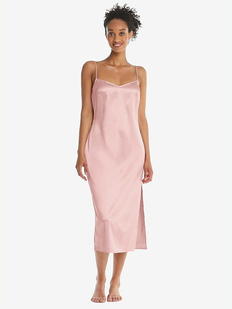 Front View - Rose  Midi Stretch Satin Slip with Adjustable Straps - Asley