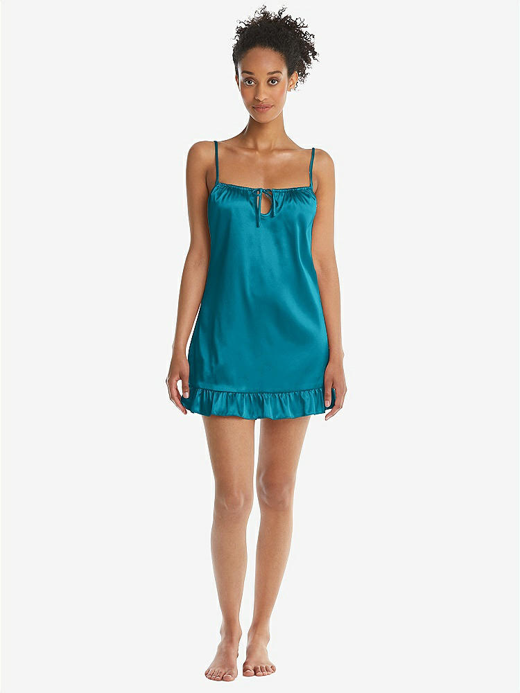 Front View - Oasis  Ruffled Hem Mini Stretch Satin Slip with Keyhole Neck - Jordan