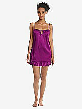 Front View Thumbnail - Persian Plum  Ruffled Hem Mini Stretch Satin Slip with Keyhole Neck - Jordan