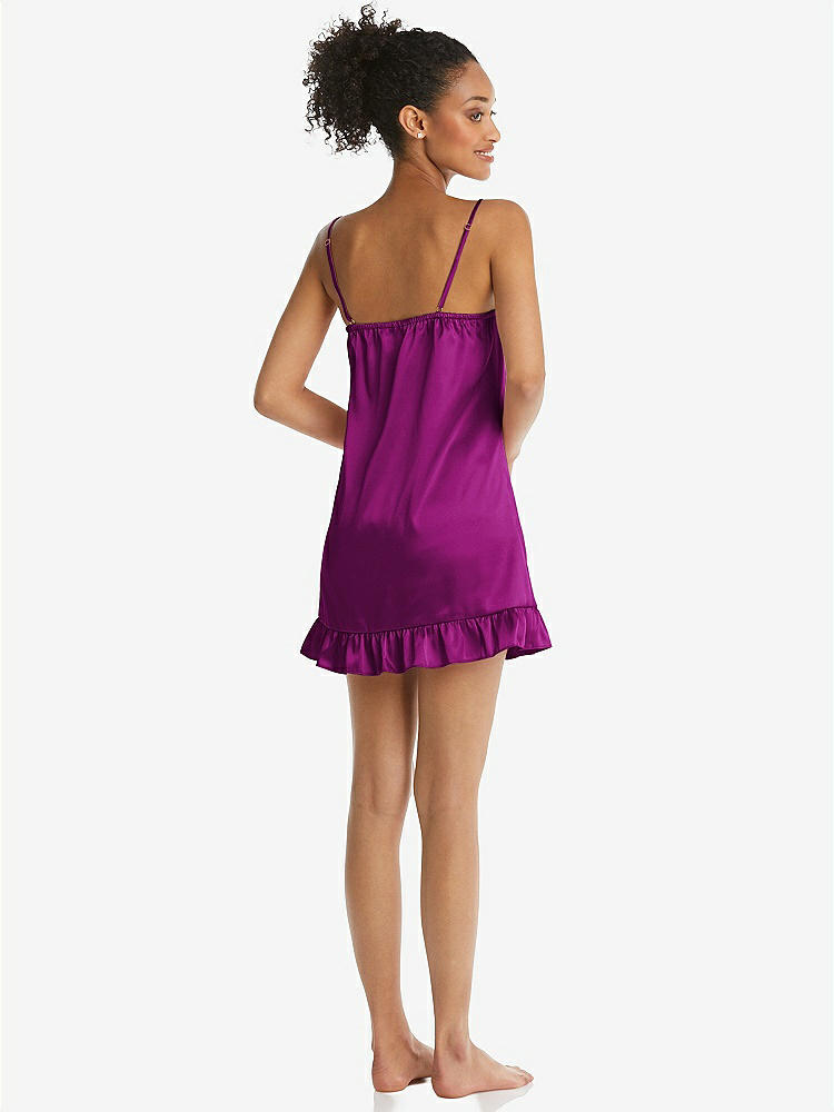 Back View - Persian Plum  Ruffled Hem Mini Stretch Satin Slip with Keyhole Neck - Jordan