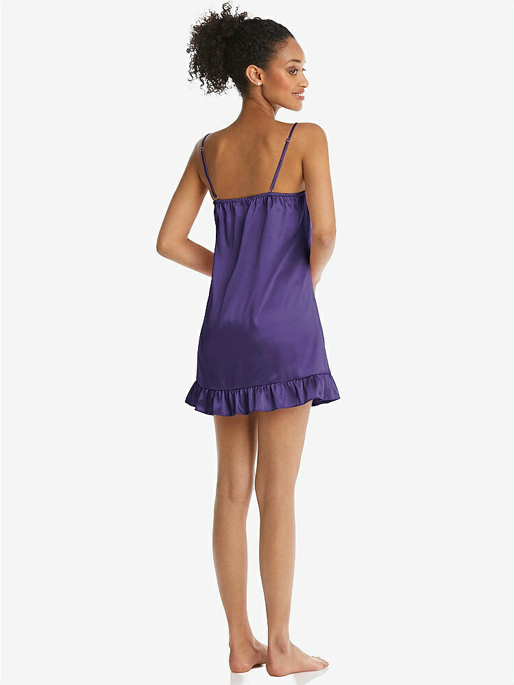 Back View - Regalia - PANTONE Ultra Violet  Ruffled Hem Mini Stretch Satin Slip with Keyhole Neck - Jordan