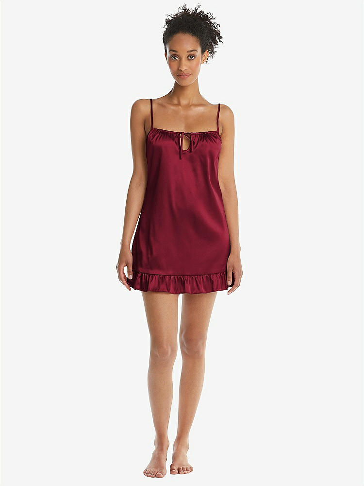 Front View - Burgundy  Ruffled Hem Mini Stretch Satin Slip with Keyhole Neck - Jordan
