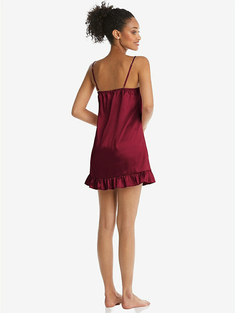 Back View - Burgundy  Ruffled Hem Mini Stretch Satin Slip with Keyhole Neck - Jordan