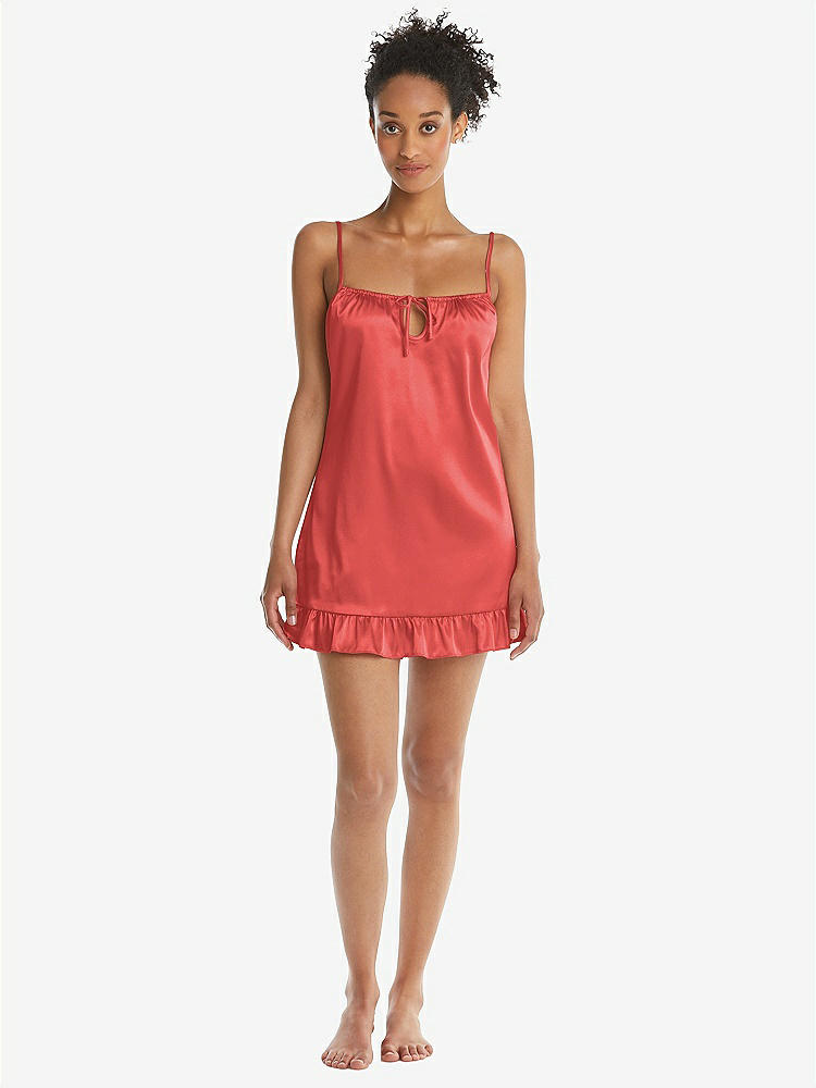 Front View - Perfect Coral  Ruffled Hem Mini Stretch Satin Slip with Keyhole Neck - Jordan