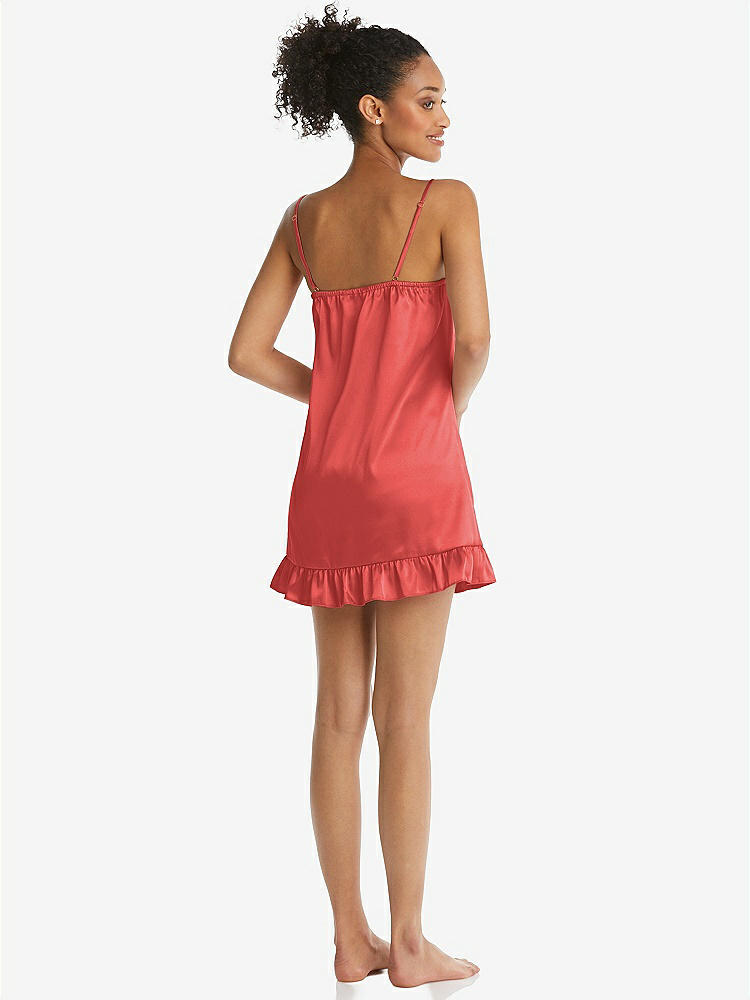 Back View - Perfect Coral  Ruffled Hem Mini Stretch Satin Slip with Keyhole Neck - Jordan