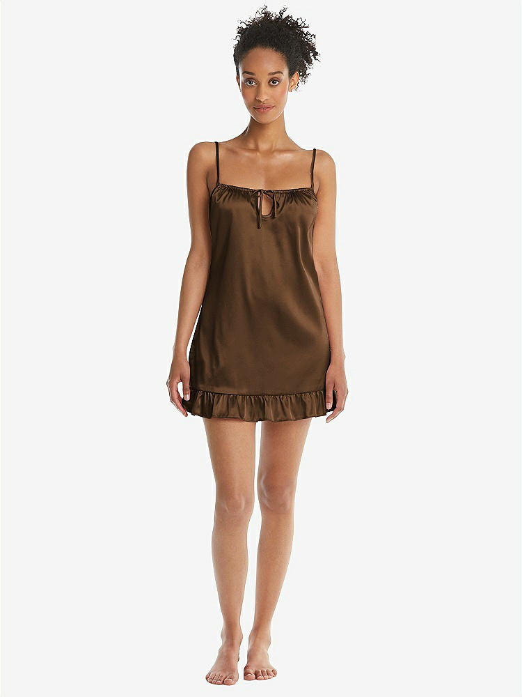 Front View - Latte  Ruffled Hem Mini Stretch Satin Slip with Keyhole Neck - Jordan