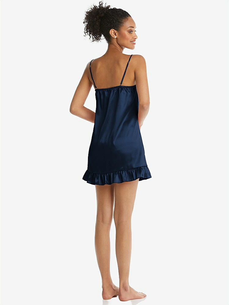 Back View - Midnight Navy  Ruffled Hem Mini Stretch Satin Slip with Keyhole Neck - Jordan