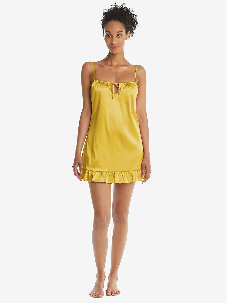 Front View - Marigold  Ruffled Hem Mini Stretch Satin Slip with Keyhole Neck - Jordan
