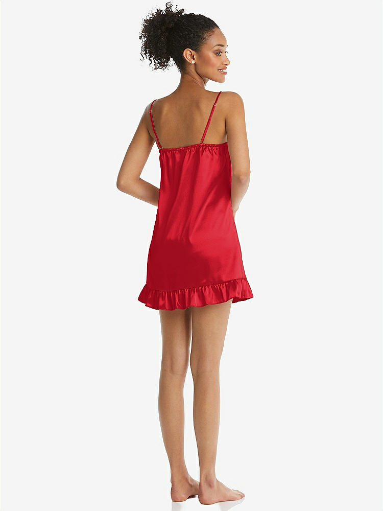 Back View - Parisian Red  Ruffled Hem Mini Stretch Satin Slip with Keyhole Neck - Jordan