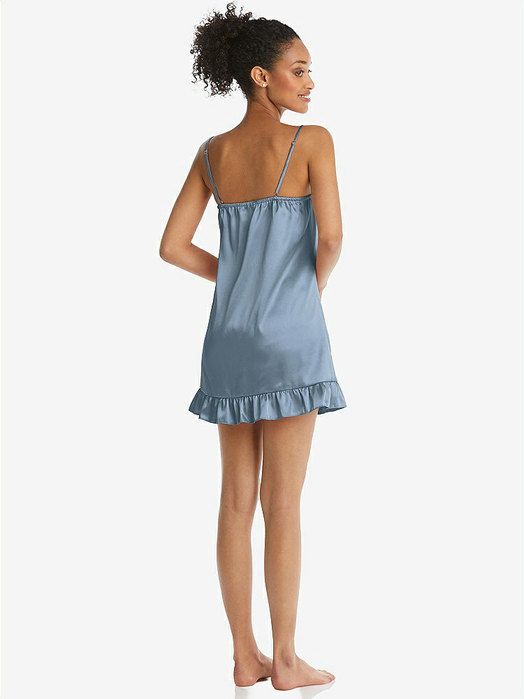 Back View - Slate  Ruffled Hem Mini Stretch Satin Slip with Keyhole Neck - Jordan