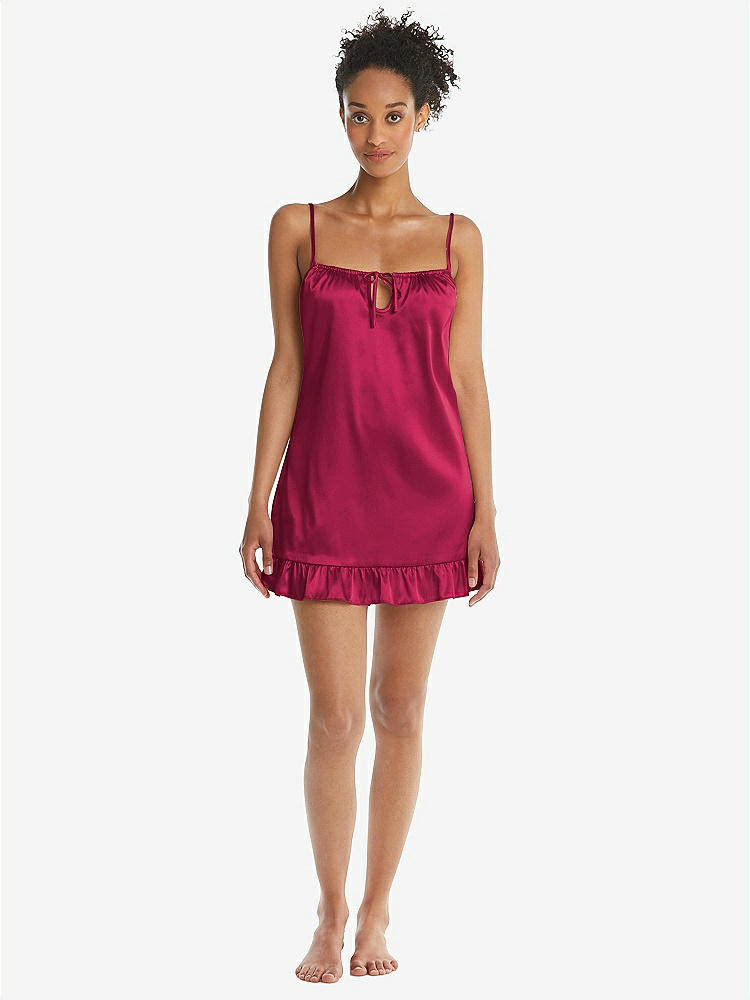 Front View - Valentine  Ruffled Hem Mini Stretch Satin Slip with Keyhole Neck - Jordan