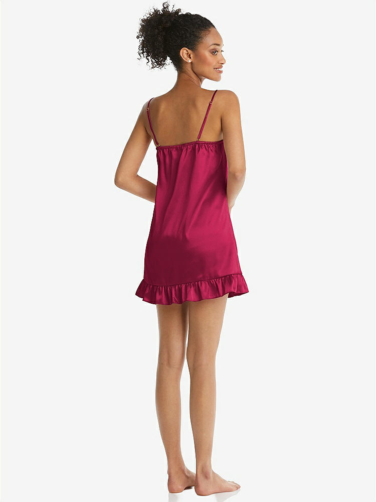 Back View - Valentine  Ruffled Hem Mini Stretch Satin Slip with Keyhole Neck - Jordan