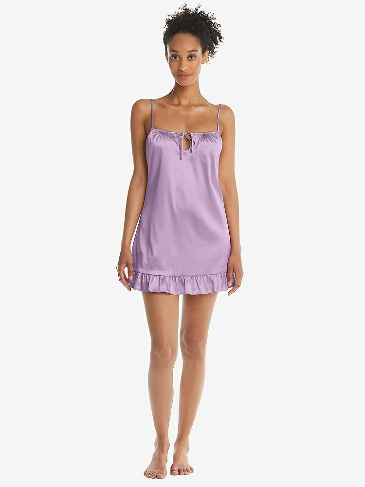 Front View - Wood Violet  Ruffled Hem Mini Stretch Satin Slip with Keyhole Neck - Jordan