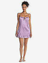Front View Thumbnail - Wood Violet  Ruffled Hem Mini Stretch Satin Slip with Keyhole Neck - Jordan