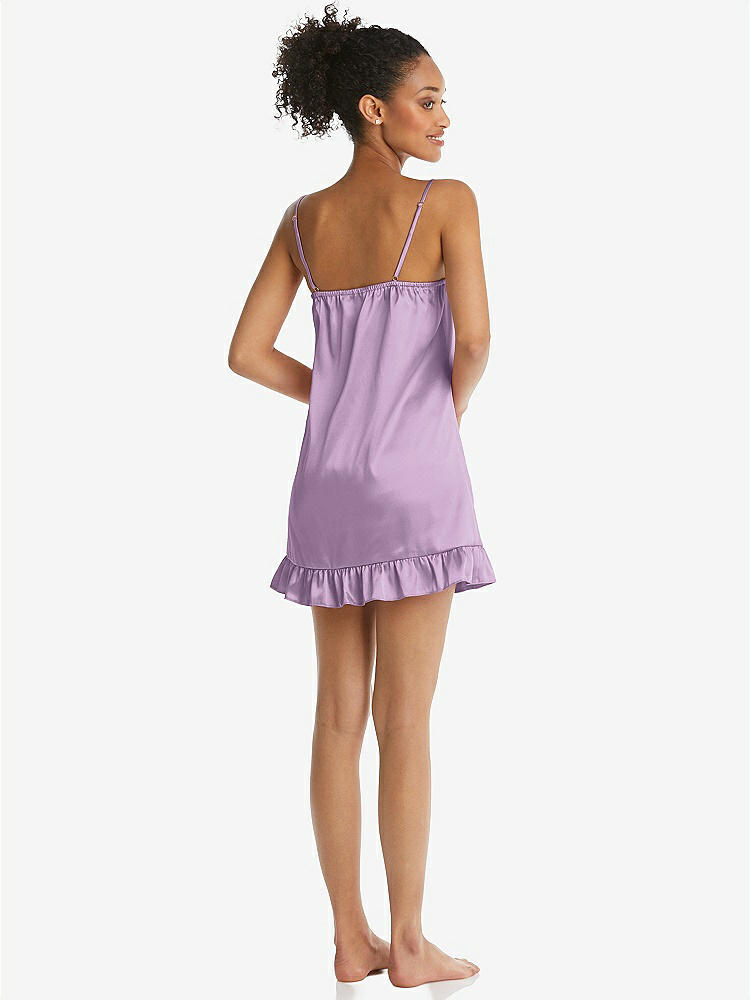 Back View - Wood Violet  Ruffled Hem Mini Stretch Satin Slip with Keyhole Neck - Jordan