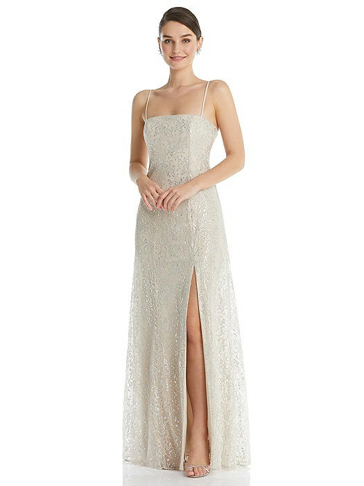 Metallic Lace Trumpet Dress with Adjustable Spaghetti Straps