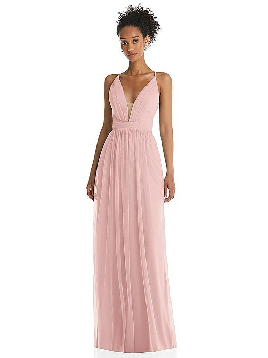 Illusion Deep V-Neck Tulle Maxi Dress with Adjustable Straps