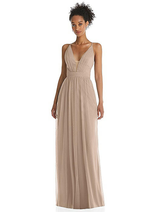 Illusion Deep V-Neck Tulle Maxi Dress with Adjustable Straps