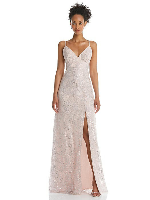 V-Neck Metallic Lace Maxi Dress with Adjustable Straps