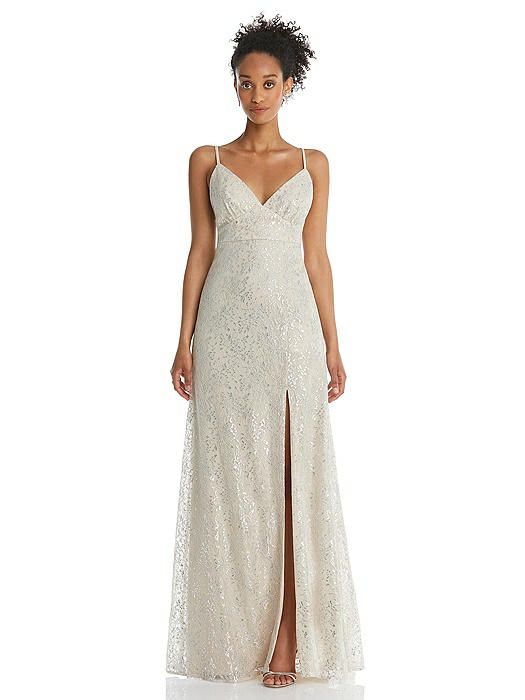 V-Neck Metallic Lace Maxi Dress with Adjustable Straps