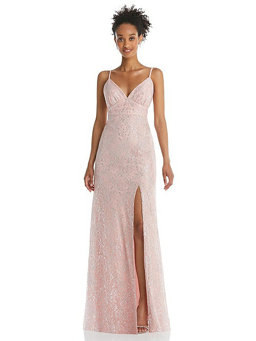 V-Neck Metallic Lace Maxi Dress with Adjustable Straps