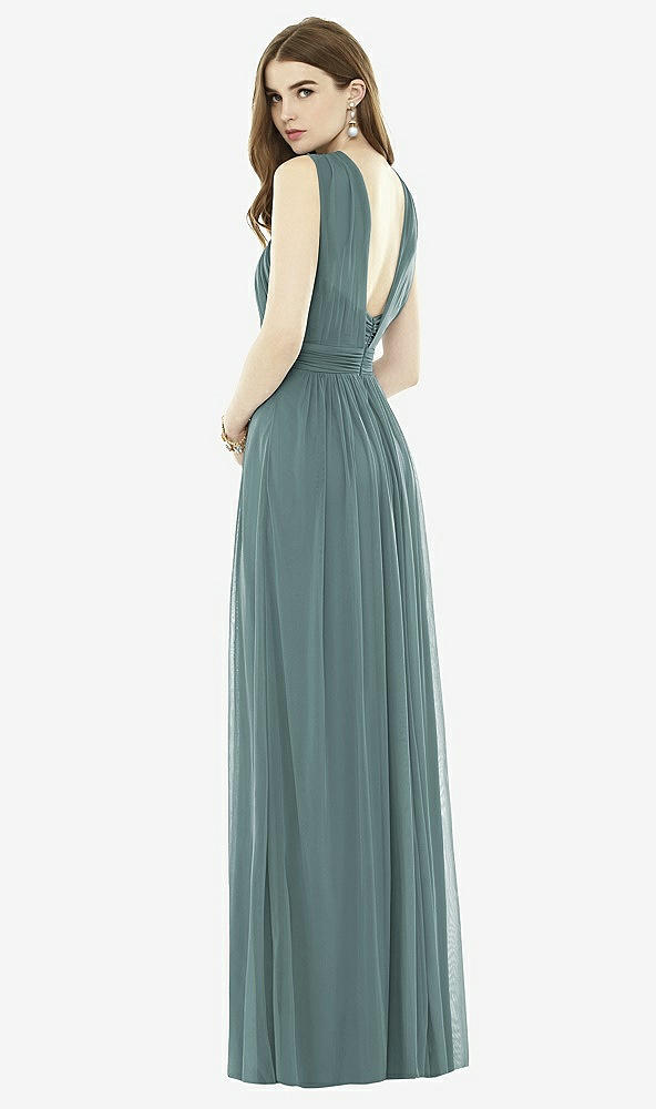 Back View - Smoke Blue Twist Halter Low Illusion Back Maxi Dress