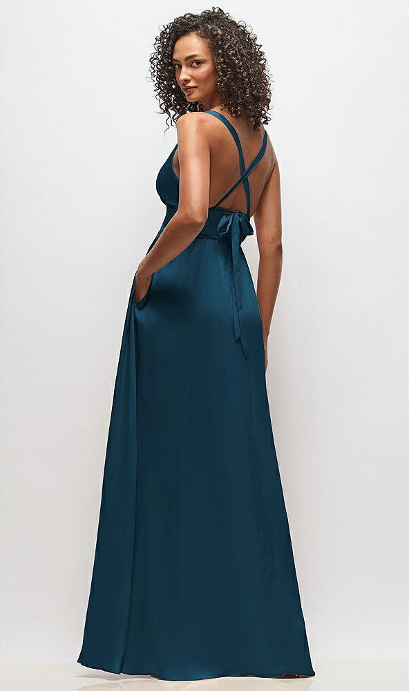 Back View - Atlantic Blue Deep V-Neck Shirred Skirt Maxi Dress with Convertible Straps