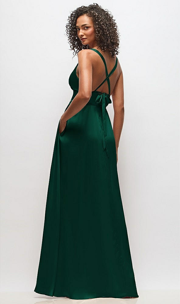 Back View - Hunter Green Deep V-Neck Shirred Skirt Maxi Dress with Convertible Straps