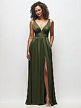 Front View Thumbnail - Olive Green Deep V-Neck Shirred Skirt Maxi Dress with Convertible Straps
