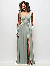 Front View Thumbnail - Willow Green Deep V-Neck Shirred Skirt Maxi Dress with Convertible Straps