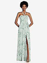 Front View Thumbnail - Mint Green Floral Draped Chiffon Grecian Column Gown with Convertible Straps