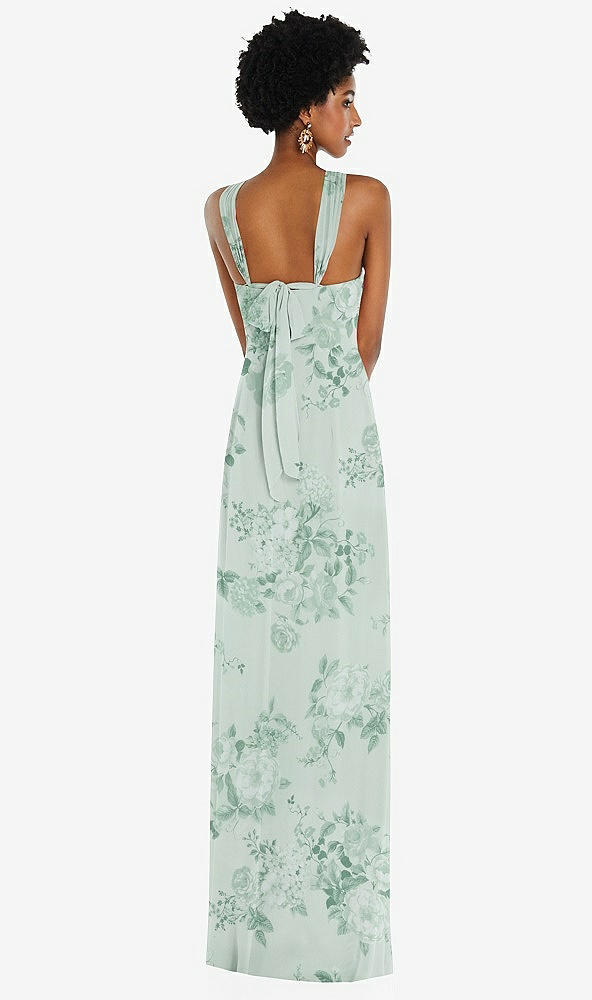 Back View - Mint Green Floral Draped Chiffon Grecian Column Gown with Convertible Straps