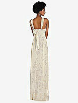Rear View Thumbnail - Butter Yellow Floral Draped Chiffon Grecian Column Gown with Convertible Straps