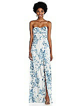 Alt View 3 Thumbnail - Cottage Rose Dusk Blue Draped Chiffon Grecian Column Gown with Convertible Straps