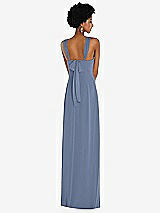 Rear View Thumbnail - Larkspur Blue Draped Chiffon Grecian Column Gown with Convertible Straps