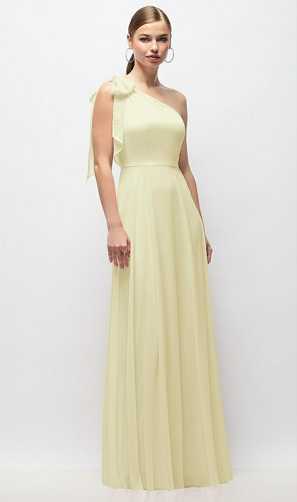 Front View - Butter Yellow Draped One-Shoulder Maxi Dress with Scarf Bow