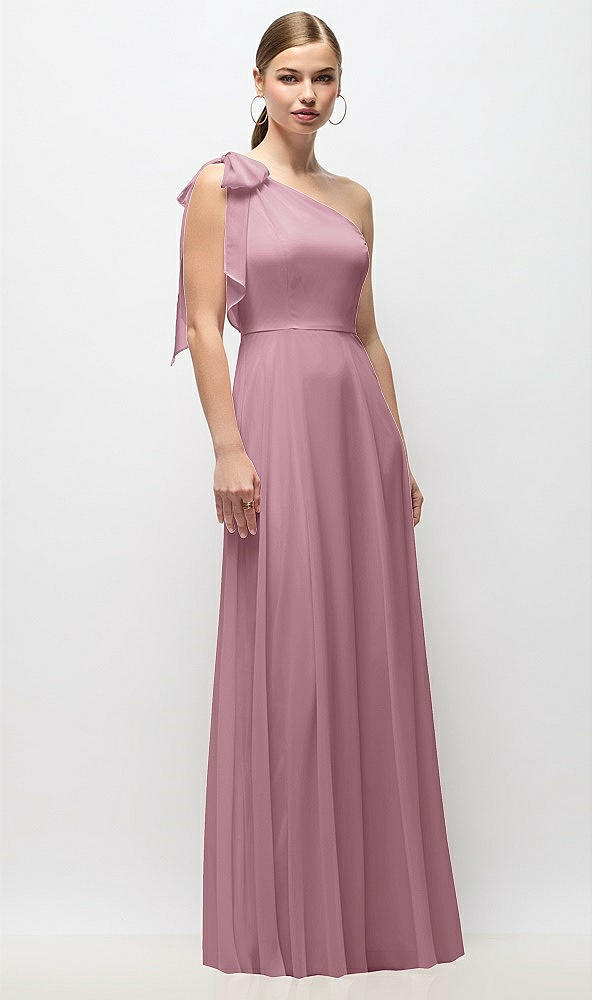 Front View - Dusty Pink Draped One-Shoulder Maxi Dress with Scarf Bow