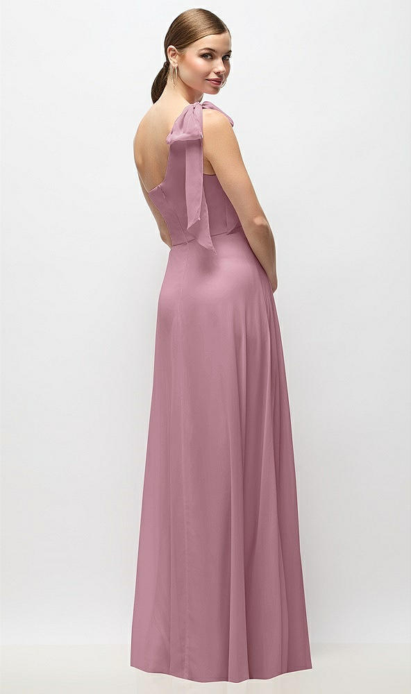 Back View - Dusty Pink Draped One-Shoulder Maxi Dress with Scarf Bow